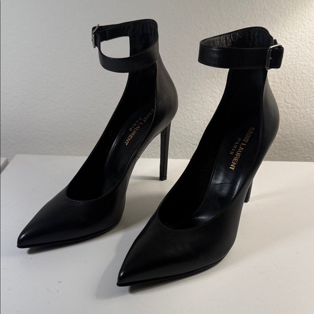 Saint Laurent Black Leather Pointed-Toe Ankle-Strap Pumps